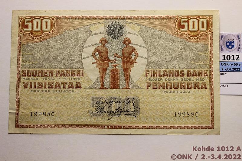 k-1012-a.jpg - Kohde 1012 (kuva 1/2), lhthinta: 40 € / myyntihinta: 40 € 500 mk 1909 KV SNY 188.2 199880 JR-His, ollut liimattuna, takana ohentumaa ja liimajlke, kunto: 4