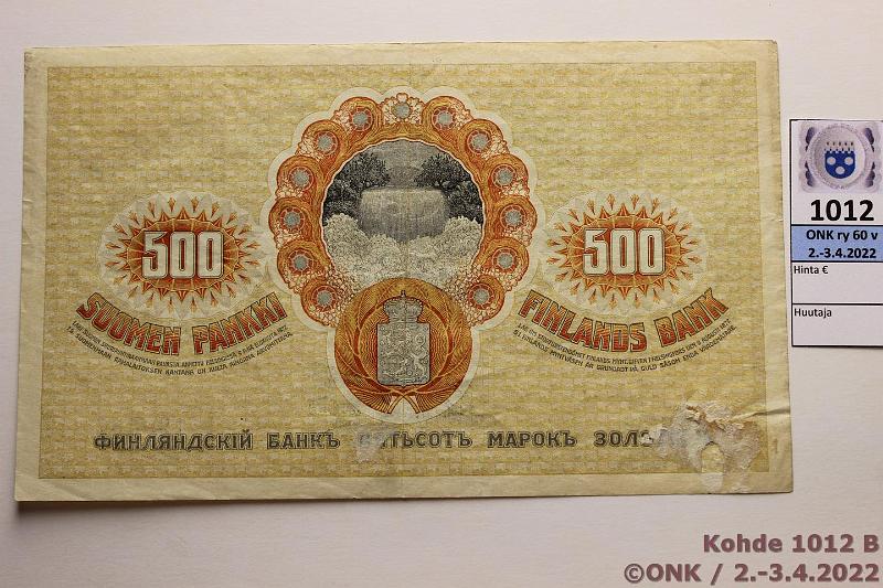k-1012-b.jpg - Kohde 1012 (kuva 2/2), lhthinta: 40 € / myyntihinta: 40 € 500 mk 1909 KV SNY 188.2 199880 JR-His, ollut liimattuna, takana ohentumaa ja liimajlke, kunto: 4