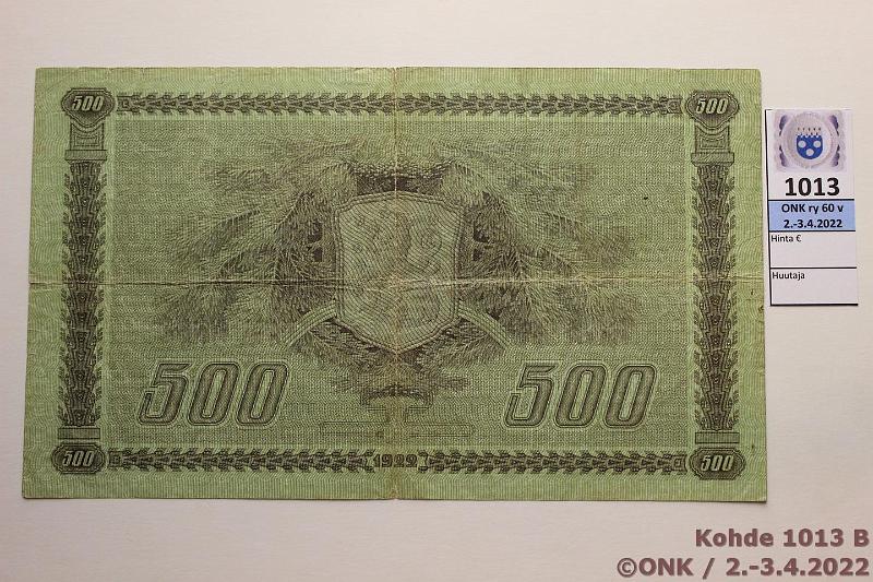 k-1013-b.jpg - Kohde 1013 (kuva 2/2), lhthinta: 30 € / myyntihinta: 46 € 500 mk 1922 LC t I SNY 189.4 A542835 BUR-Wah, muutamia 1-5 mm rep, keskireik, kunto: 3