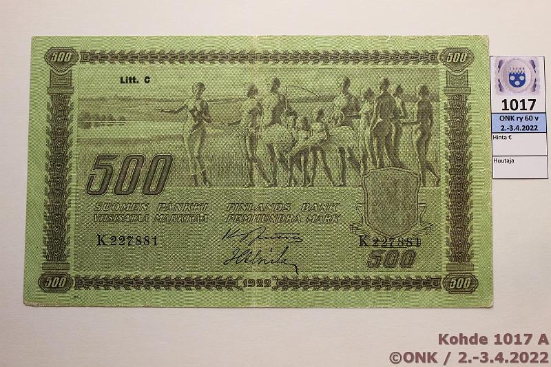 k-1017-a.jpg - Kohde 1017, lhthinta: 30 € / myyntihinta: 38 € 500 mk 1922 LC t III SNY 189.6 K227881 JUT-Als, prep, sil, kunto: 4