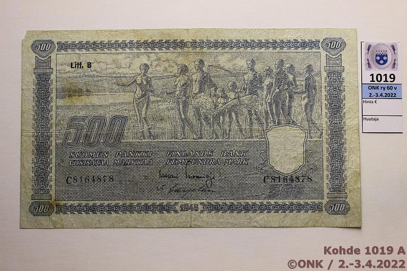 k-1019-a.jpg - Kohde 1019, lhthinta: 30 € / myyntihinta: 30 € 500 mk 1945 LB SNY 190.2 C8164878 TUO-Car, pieni kulmapuutos, prep, keskireik, tahroja, kunto: 3