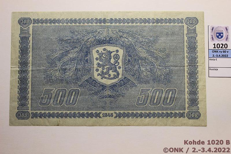 k-1020-b.jpg - Kohde 1020 (kuva 2/2), lhthinta: 35 € / myyntihinta: 70 € 500 mk 1945 LB SNY 190.2 E5305511 WAR-Als, harv ak-pari, ei AK-viidakossa, kunto: 4