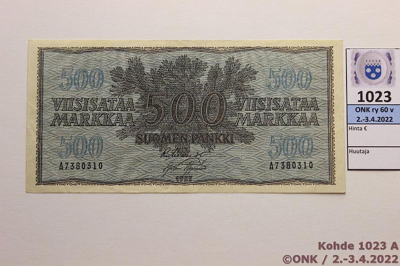 k-1023-a.jpg - Kohde 1023 (kuva 1/2), lhthinta: 80 € / myyntihinta: 130 € 500 mk 1955 SNY 191.1 A7380310 FIE-AAs, kunto: 5