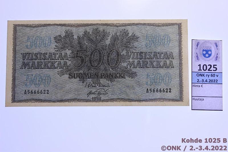 k-1025-b.jpg - Kohde 1025 (kuva 2/3), lhthinta: 150 € / myyntihinta: 150 € 500 mk 1955 SNY 191.1 A5666622 WAR-AAs, 6 niitinreik, painumia, kunto: 8