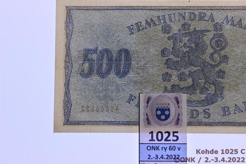 k-1025-c.jpg - Kohde 1025 (kuva 3/3), lhthinta: 150 € / myyntihinta: 150 € 500 mk 1955 SNY 191.1 A5666622 WAR-AAs, 6 niitinreik, painumia, kunto: 8