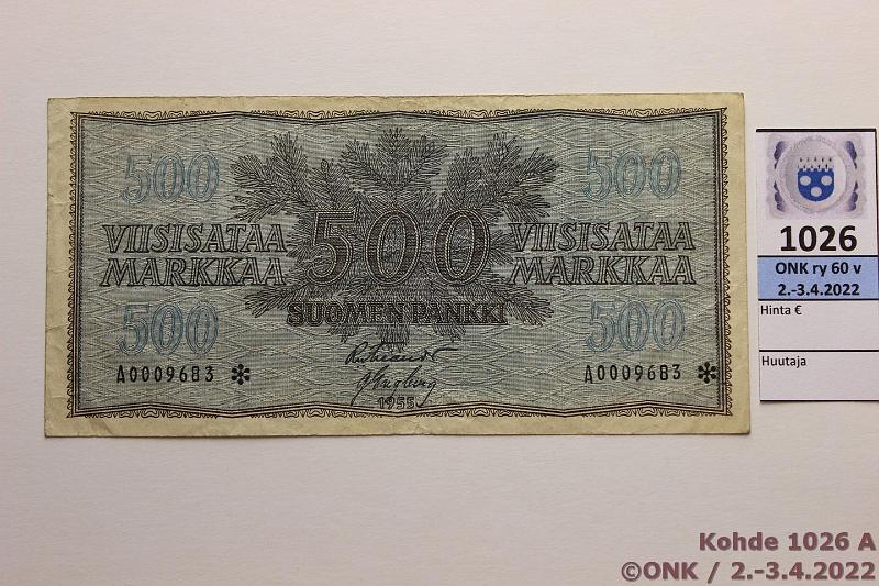 k-1026-a.jpg - Kohde 1026, lhthinta: 150 € / ei tarjouksia 500 mk 1955 A* SNY 191.2 A009683* FIE-Eng, huonot reunat, korvaava, kunto: 4