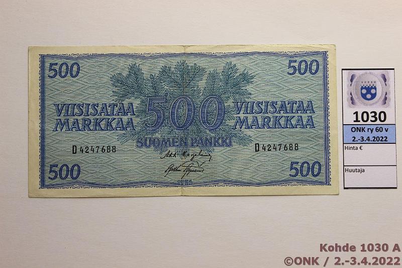 k-1030-a.jpg - Kohde 1030, lhthinta: 20 € / myyntihinta: 26 € 500 mk 1956 SNY 192.2 D4247688 KA I-AAs, sil?, kunto: 5