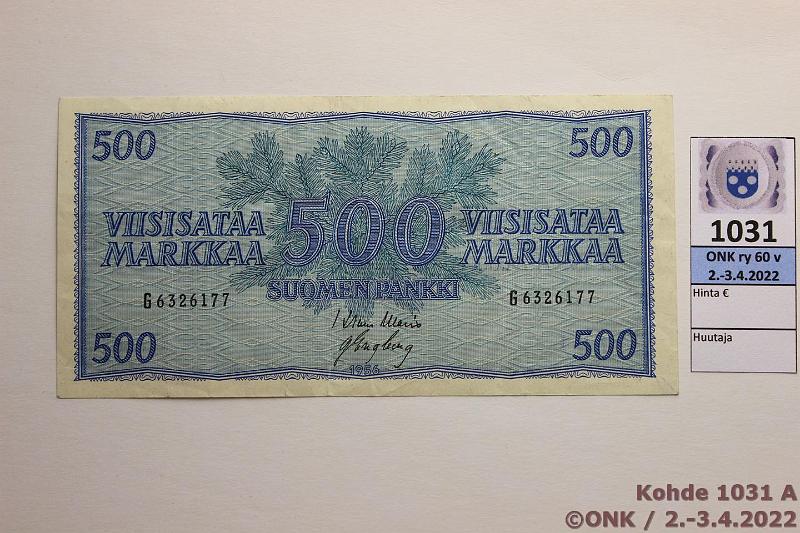 k-1031-a.jpg - Kohde 1031, lhthinta: 20 € / myyntihinta: 24 € 500 mk 1956 SNY 192.2 G6326177 WAR-Eng, kunto: 5