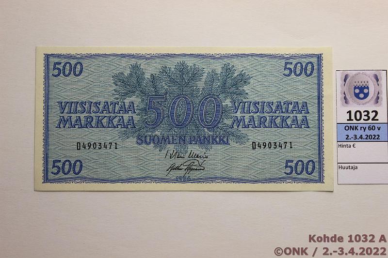 k-1032-a.jpg - Kohde 1032 (kuva 1/2), lhthinta: 60 € / ei tarjouksia 500 mk 1956 SNY 192.2 D4903471 WAR-AAs, kunto: 8