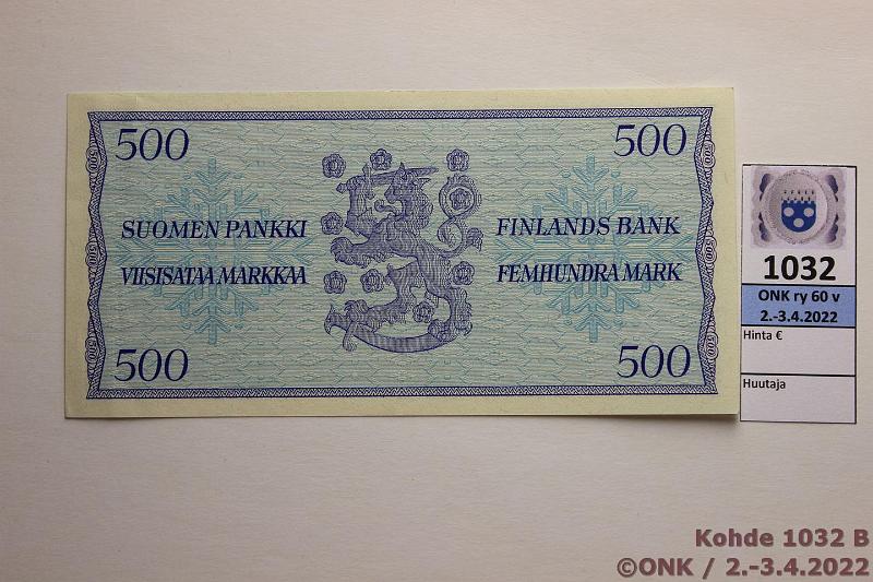 k-1032-b.jpg - Kohde 1032 (kuva 2/2), lhthinta: 60 € / ei tarjouksia 500 mk 1956 SNY 192.2 D4903471 WAR-AAs, kunto: 8