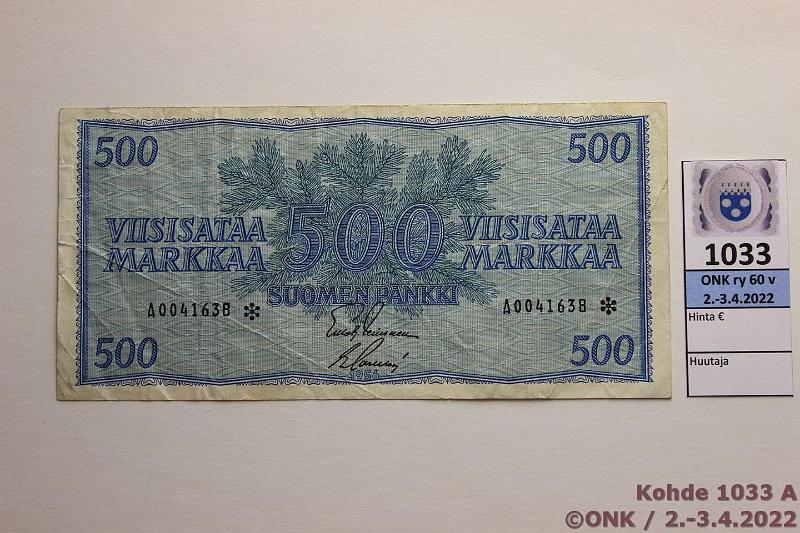 k-1033-a.jpg - Kohde 1033 (kuva 1/2), lhthinta: 200 € / ei tarjouksia 500 mk 1956 A* SNY 192.5 A0041638* LEI-Sac, korvaava, kunto: 3