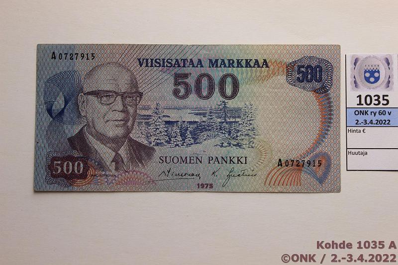 k-1035-a.jpg - Kohde 1035, lhthinta: 80 € / ei tarjouksia 500 mk 1975 SNY 193.1.1 A0727915 SIM-Ign, harv ak-pari (v), metallilanka, kunto: 4