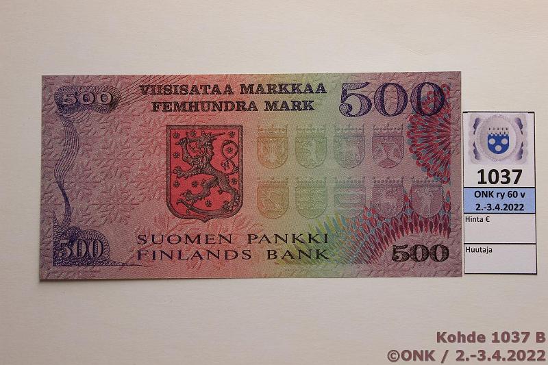 k-1037-b.jpg - Kohde 1037 (kuva 2/2), lhthinta: 140 € / myyntihinta: 175 € 500 mk 1975 SNY 193.1.1 A0228975 HET-Luu, metallilanka, kunto: 9
