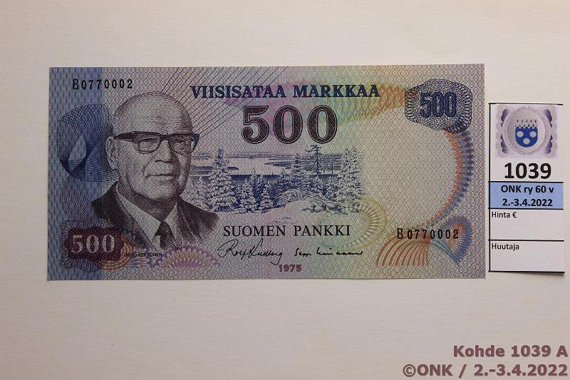 k-1039-a.jpg - Kohde 1039, lhthinta: 45 € / myyntihinta: 72 € 500 mk 1975 SNY 193.2 B0770002 KU I-Lin, muovilanka, kunto: 6