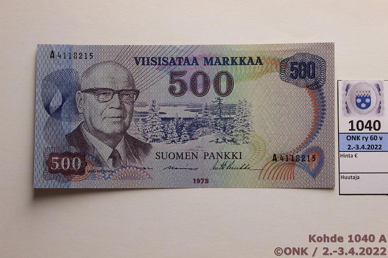 k-1040-a.jpg - Kohde 1040, lhthinta: 60 € / myyntihinta: 82 € 500 mk 1975 SNY 193.2 A4118215 AL I-Luu, muovilanka, kunto: 7