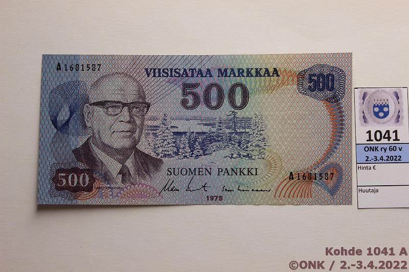 k-1041-a.jpg - Kohde 1041 (kuva 1/2), lhthinta: 60 € / myyntihinta: 76 € 500 mk 1975 SNY 193.2 A1681587 KO II-Lin, muovilanka, lainetta, sil?, kunto: 7