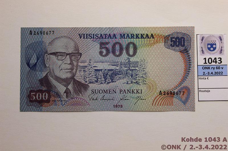 k-1043-a.jpg - Kohde 1043, lhthinta: 100 € / myyntihinta: 100 € 500 mk 1975 SNY 193.2 A2690677 UUS-Nar, muovilanka, ei lpi setelin taitetta, kunto: 8