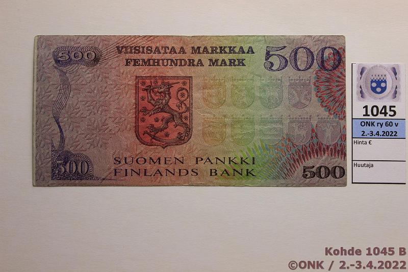 k-1045-b.jpg - Kohde 1045 (kuva 2/2), lhthinta: 110 € / myyntihinta: 220 € 500 mk 1975 A* SNY 193.4 A0032293 KU I-Luu, muovilanka, kohdistusvirheellinen, 1mm valkea kaistale reunassa, 1,4mm rep vas, ylkulmassa, korvaava, kunto: 4