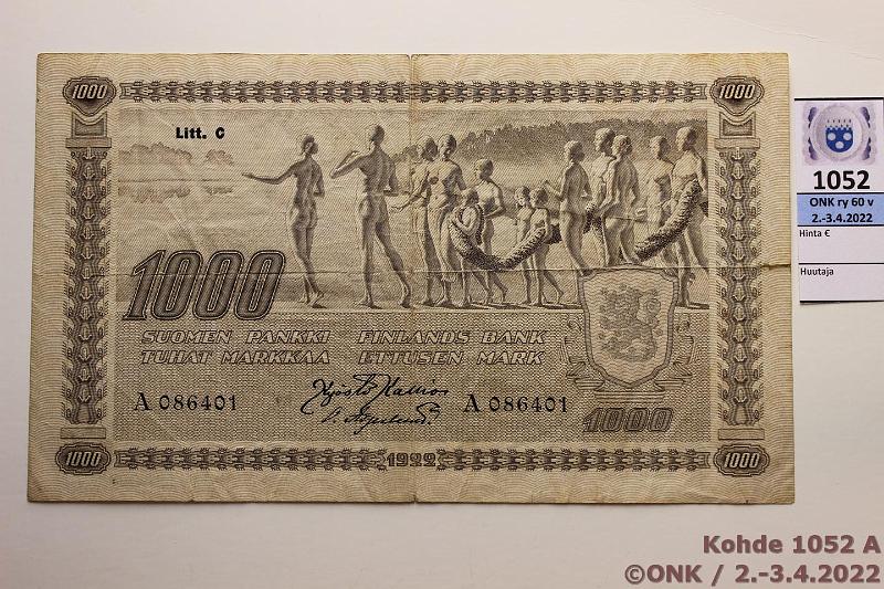k-1052-a.jpg - Kohde 1052 (kuva 1/2), lhthinta: 80 € / ei tarjouksia 1000 mk 1922 LC t I SNY 197.4 A086401 KAL-OAs, harv ak-pari (w), vaalea vri -variantti, taitosrep, -reik, kunto: 3