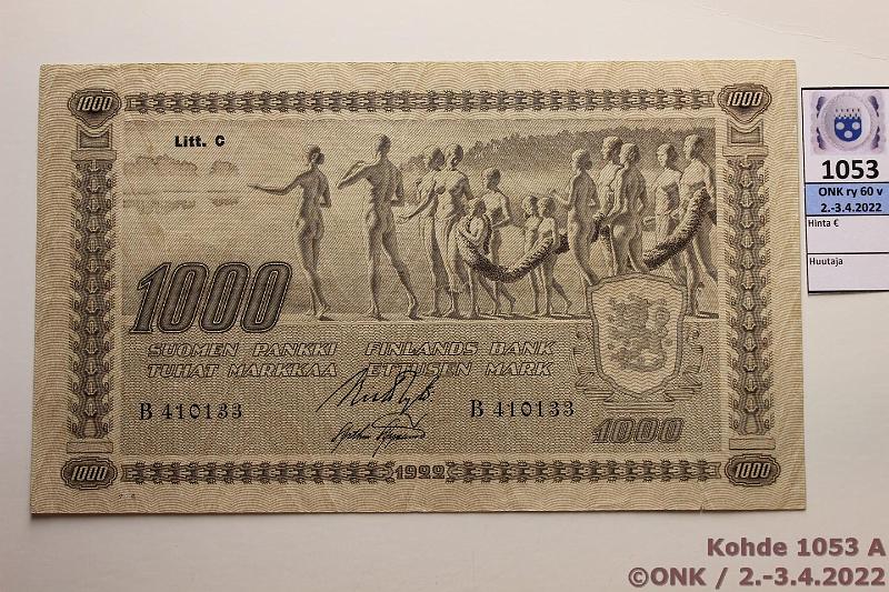 k-1053-a.jpg - Kohde 1053, lhthinta: 40 € / myyntihinta: 70 € 1000 mk 1922 LC t I SNY 197.4 B410133 RYT-AAs, prep, kunto: 4
