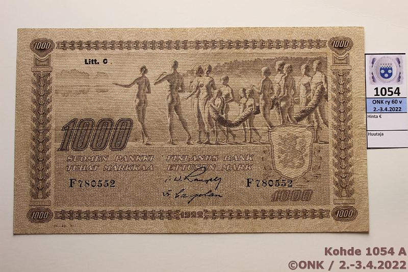 k-1054-a.jpg - Kohde 1054, lhthinta: 55 € / myyntihinta: 60 € 1000 mk 1922 LC t II SNY 197.5 F780552 RAN-Car, kunto: 3