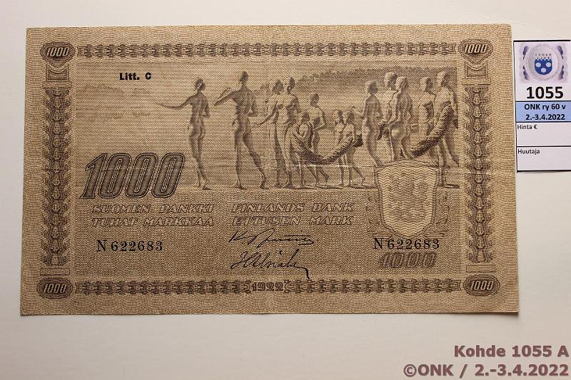 k-1055-a.jpg - Kohde 1055, lhthinta: 45 € / myyntihinta: 45 € 1000 mk 1922 LC t III SNY 197.6 N622683 JUT-Als, ep.keskireik, kunto: 4