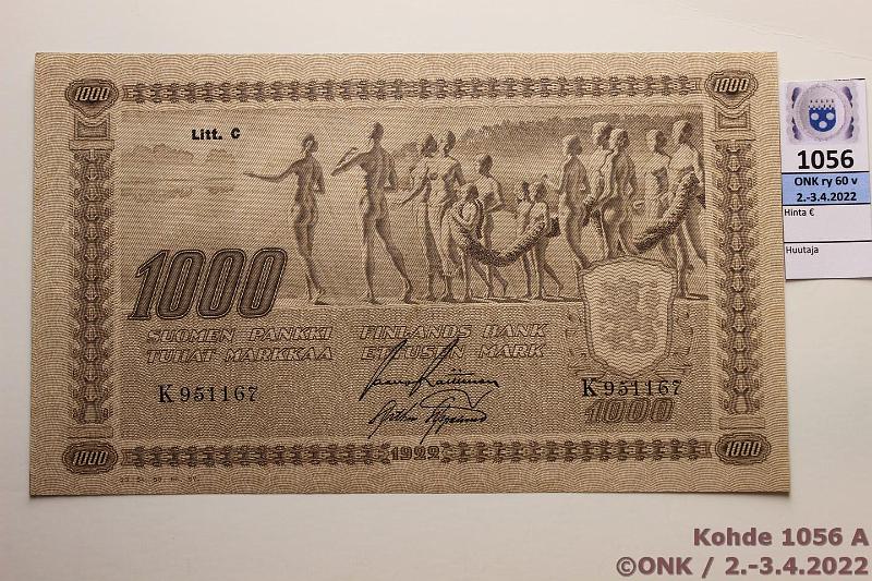 k-1056-a.jpg - Kohde 1056, lhthinta: 45 € / myyntihinta: 105 € 1000 mk 1922 LC t III SNY 197.6 K951167 RAI-AAs, kunto: 6