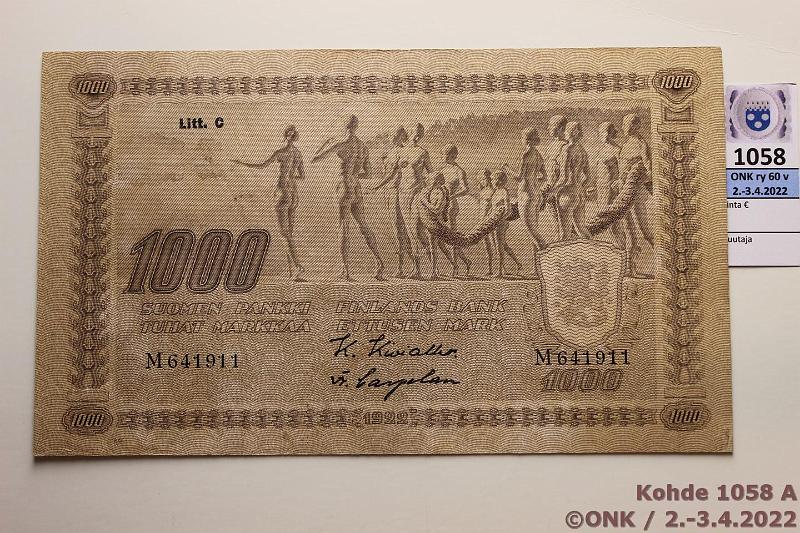 k-1058-a.jpg - Kohde 1058 (kuva 1/2), lhthinta: 70 € / myyntihinta: 70 € 1000 mk 1922 LC t III SNY 197.6 M641911 KIV-Car, kunto: 6