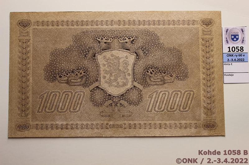 k-1058-b.jpg - Kohde 1058 (kuva 2/2), lhthinta: 70 € / myyntihinta: 70 € 1000 mk 1922 LC t III SNY 197.6 M641911 KIV-Car, kunto: 6