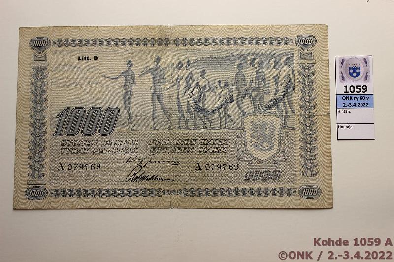k-1059-a.jpg - Kohde 1059 (kuva 1/2), lhthinta: 500 € / ei tarjouksia 1000 mk 1922 LD SNY 197.7 A079769 JUT-Wah, preiki, rep, kunto: 3