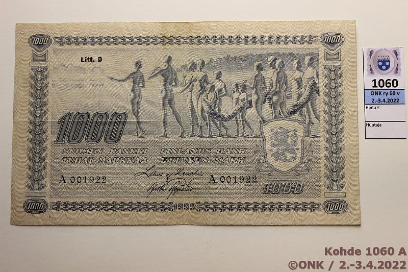 k-1060-a.jpg - Kohde 1060 (kuva 1/2), lhthinta: 1000 € / ei tarjouksia 1000 mk 1922 LD SNY 197.7 A001922 HEU-AAs, tahra, kunto: 5