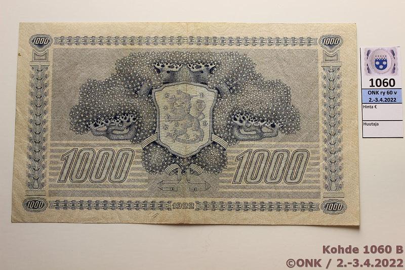 k-1060-b.jpg - Kohde 1060 (kuva 2/2), lhthinta: 1000 € / ei tarjouksia 1000 mk 1922 LD SNY 197.7 A001922 HEU-AAs, tahra, kunto: 5