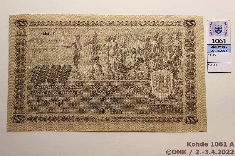 k-1061-a.jpg - Kohde 1061 (kuva 1/2), lhthinta: 5700 € / myyntihinta: 5700 € 1000 mk 1941 LE SNY 198 A1055778 RAI-Als. Ei otettu kyttn. Ilmeisesti ksin leikattu arkista, eprep, vesileima I. Tunnetaan 26 kpl, erittin harvinainen!, kunto: 5