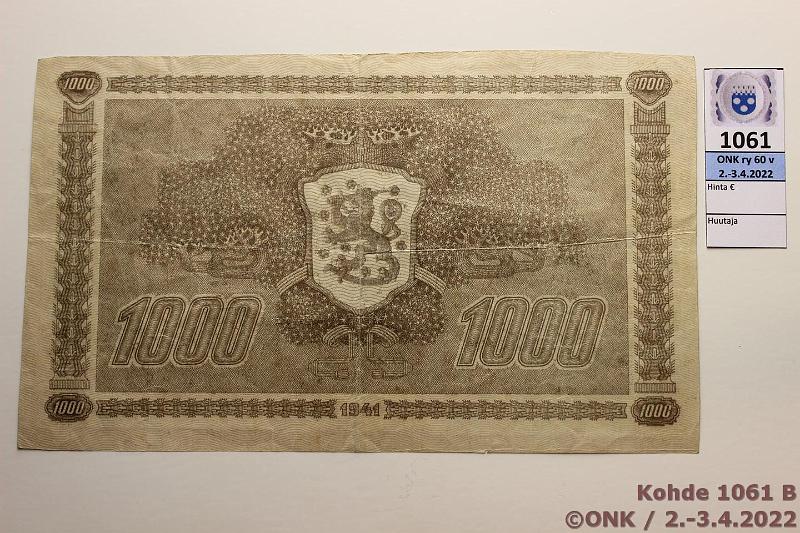 k-1061-b.jpg - Kohde 1061 (kuva 2/2), lhthinta: 5700 € / myyntihinta: 5700 € 1000 mk 1941 LE SNY 198 A1055778 RAI-Als. Ei otettu kyttn. Ilmeisesti ksin leikattu arkista, eprep, vesileima I. Tunnetaan 26 kpl, erittin harvinainen!, kunto: 5