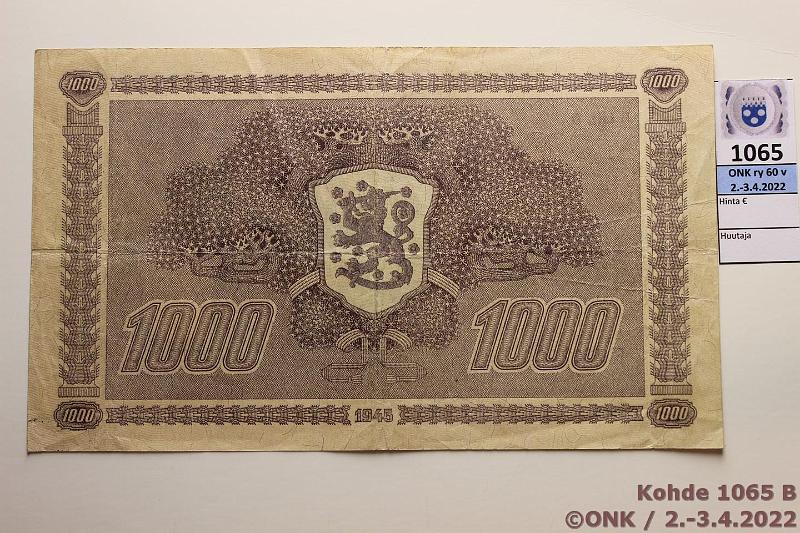 k-1065-b.jpg - Kohde 1065 (kuva 2/2), lhthinta: 80 € / myyntihinta: 80 € 1000 mk 1945 LB SNY 199.3 K0007000 FIE-Sac, harv ak-pari (v), "radar", eprep, tahroja, kunto: 4