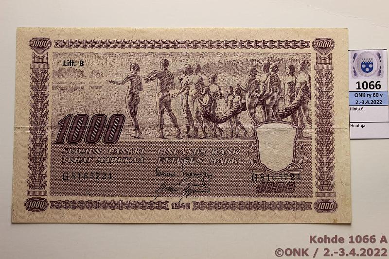 k-1066-a.jpg - Kohde 1066, lhthinta: 65 € / myyntihinta: 65 € 1000 mk 1945 LB SNY 199.3 G8165724 TUO-AAs, kunto: 5