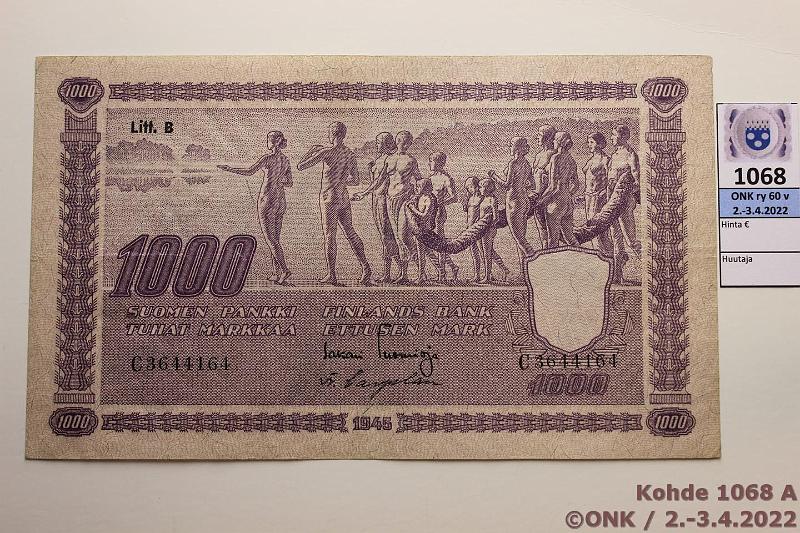 k-1068-a.jpg - Kohde 1068 (kuva 1/2), lhthinta: 65 € / myyntihinta: 72 € 1000 mk 1945 LB SNY 199.3 C3644164 TUO-Car, kunto: 5