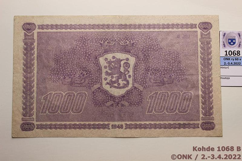 k-1068-b.jpg - Kohde 1068 (kuva 2/2), lhthinta: 65 € / myyntihinta: 72 € 1000 mk 1945 LB SNY 199.3 C3644164 TUO-Car, kunto: 5