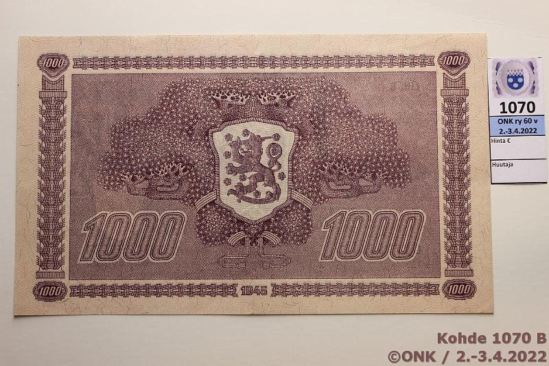 k-1070-b.jpg - Kohde 1070 (kuva 2/2), lhthinta: 100 € / myyntihinta: 100 € 1000 mk 1945 LB SNY 199.3 G7799031 KEK-Car, hyv kunto!, kunto: 7