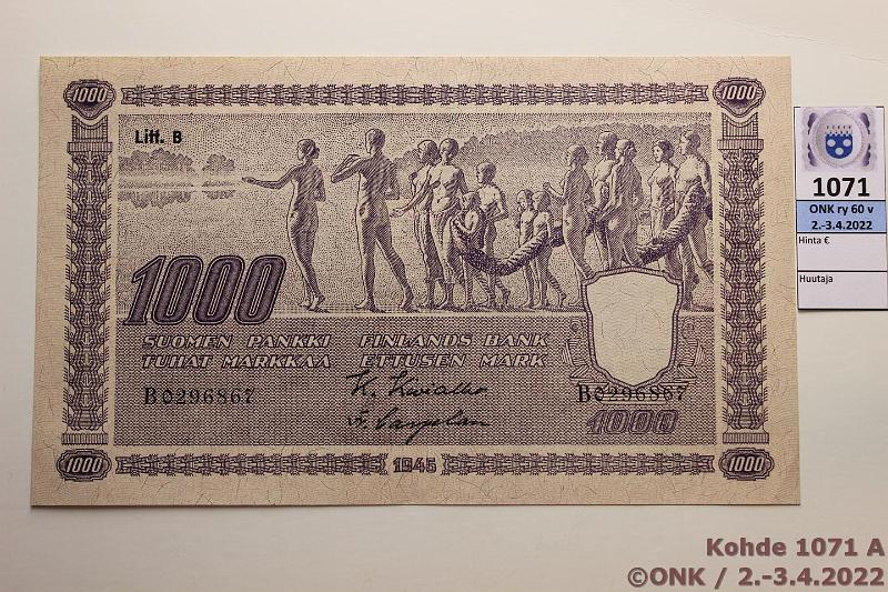 k-1071-a.jpg - Kohde 1071 (kuva 1/2), lhthinta: 280 € / ei tarjouksia 1000 mk 1945 LB SNY 199.3 B0296867 KIV-Car, hyv kunto!, kunto: 7