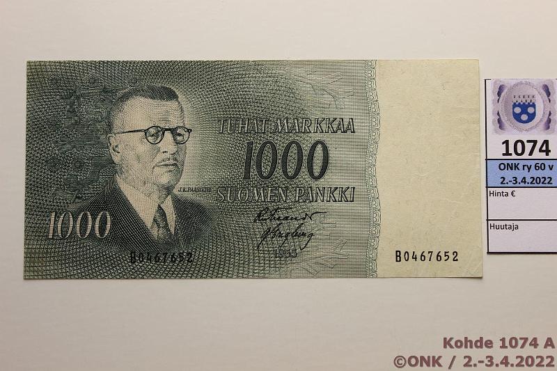 k-1074-a.jpg - Kohde 1074, lhthinta: 20 € / myyntihinta: 24 € 1000 mk 1955 SNY 200.1 B0467652 FIE-Eng, vl 1, tp. teipinjljet, sil?, kunto: 5