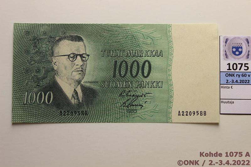 k-1075-a.jpg - Kohde 1075 (kuva 1/2), lhthinta: 200 € / myyntihinta: 400 € 1000 mk 1955 SNY 200.5 A2209588 FIE-Sac, ylkulmassa sormenpainauma, vihertv, vl 1, kunto: 9