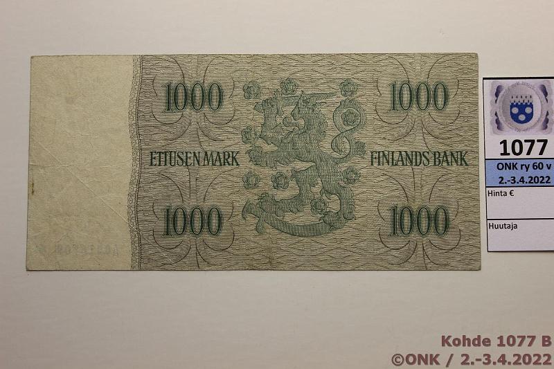 k-1077-b.jpg - Kohde 1077 (kuva 2/2), lhthinta: 55 € / ei tarjouksia 1000 mk 1955 A* SNY 200.7 A0016709* JUT-Sac, vl 1, kunto: 4