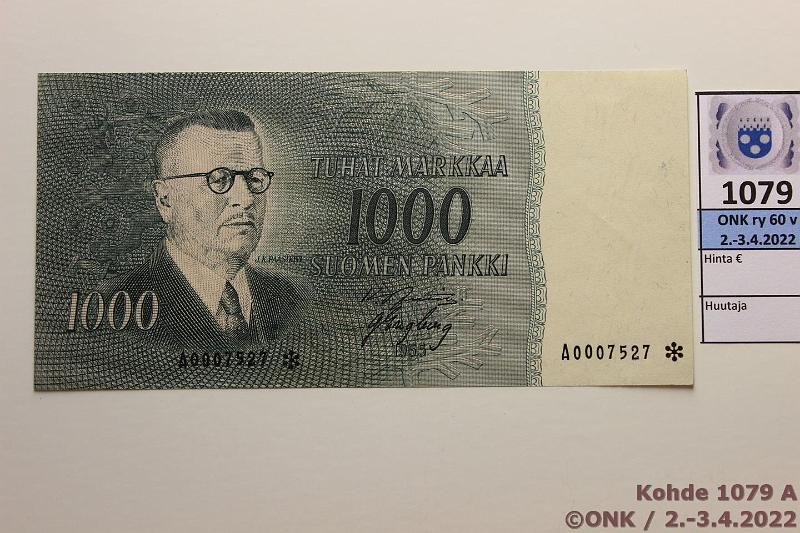k-1079-a.jpg - Kohde 1079 (kuva 1/2), lhthinta: 100 € / ei tarjouksia 1000 mk 1955 A* SNY 200.7 A0007527* JUT-Eng, korvaava, vl 1, kunto: 7