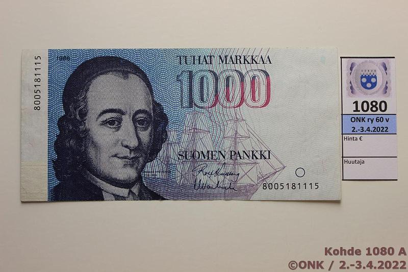 k-1080-a.jpg - Kohde 1080, lhthinta: 50 € / myyntihinta: 50 € 1000 mk 1986 SNY 201.1 8005181115 KU I-Va1, saanut kosteutta, sil?, kunto: 4