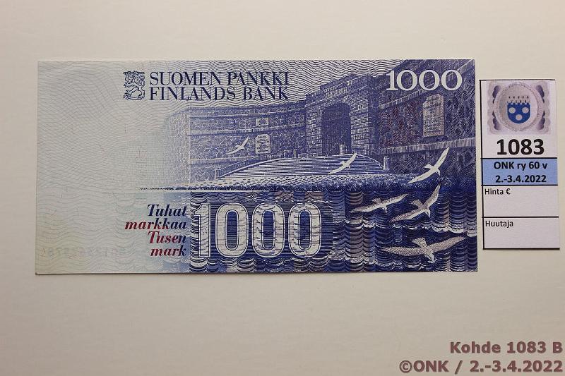 k-1083-b.jpg - Kohde 1083 (kuva 2/2), lhthinta: 100 € / myyntihinta: 100 € 1000 mk 1986 LA SNY 201.3 8012367578 HOL-Va2, painumia, ptahra, kunto: 8