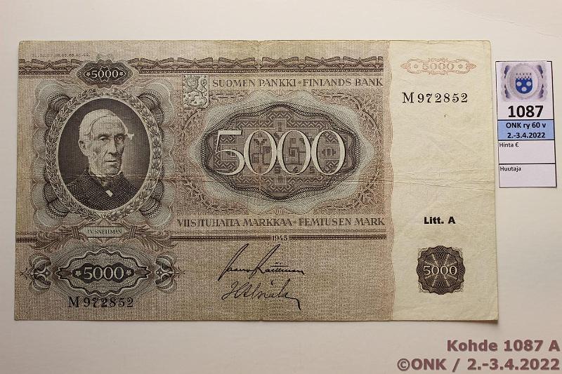 k-1087-a.jpg - Kohde 1087 (kuva 1/2), lhthinta: 150 € / myyntihinta: 170 € 5000 mk 1945 LA SNY 204.1 M972852 RAI-Als, prep, preiki, kunto: 3