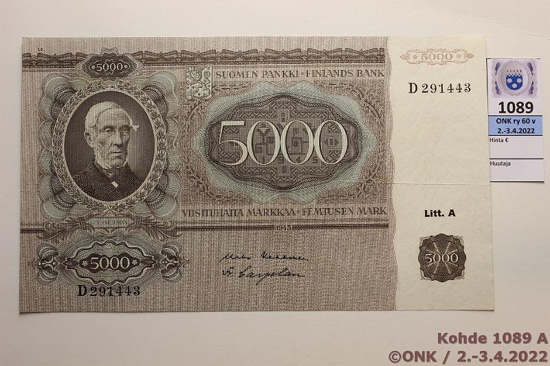 k-1089-a.jpg - Kohde 1089 (kuva 1/2), lhthinta: 200 € / myyntihinta: 520 € 5000 mk 1945 LA SNY 204.1 D291443 KEK-Car, sil, kunto: 5