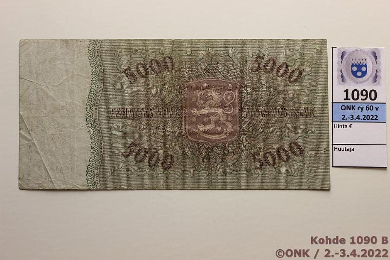 k-1090-b.jpg - Kohde 1090 (kuva 2/2), lhthinta: 100 € / ei tarjouksia 5000 mk 1955 SNY 205.1 B0801639 LEI-Eng, harv ak-pari (v), prep, likaa, kunto: 3