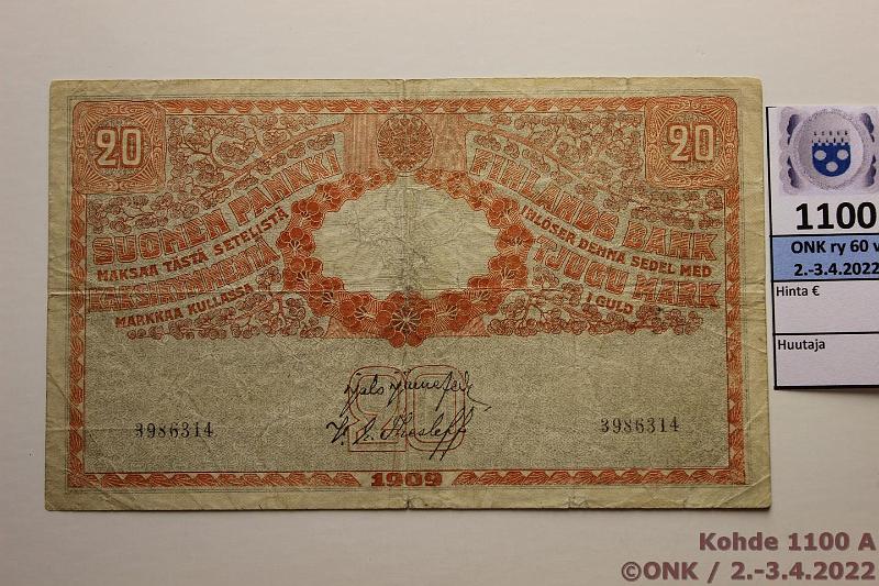 k-1100-a.jpg - Kohde 1100 (kuva 1/2), lhthinta: 100 € / myyntihinta: 150 € 20 mk 1909 (SNY 156.1) 3986314 COL-Ml, rep, preiki, Klingsten-Kirmasen vrenne, kunto: 3